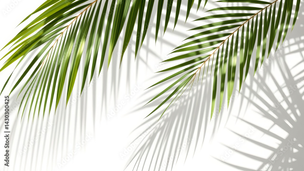 Poster green palm leaves cast intricate shadows on white background, creating tropical and serene atmospher