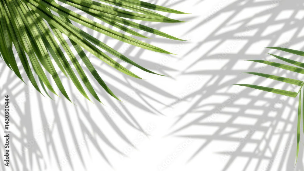 Poster green palm leaves cast intricate shadows on white background, creating tropical and serene atmospher