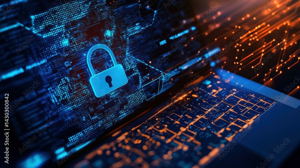 Poster digital security concept with a glowing lock icon on a laptop keyboard.