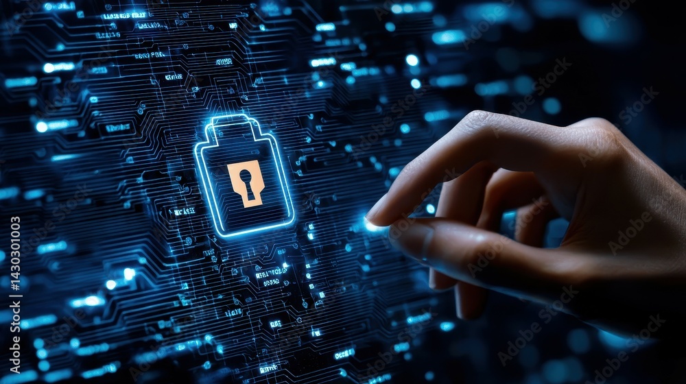 Poster close-up of a hand interacting with a digital security visual on a circuit background.