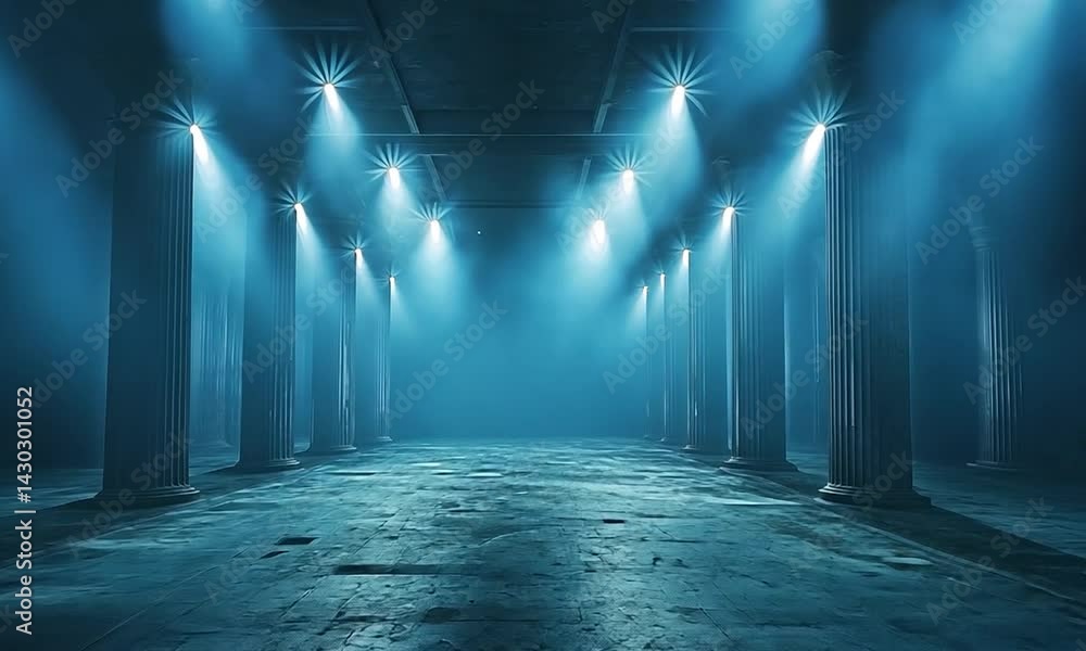Poster ethereal blue-lit ancient hall with towering columns, creating a mystical atmosphere