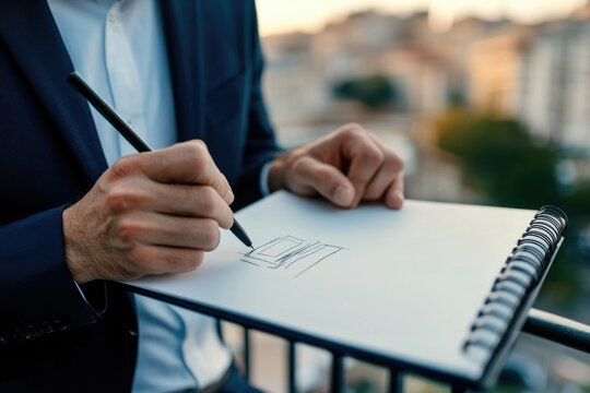 A businessman sketches a website layout on a notepad while sitting outside on a balcony.