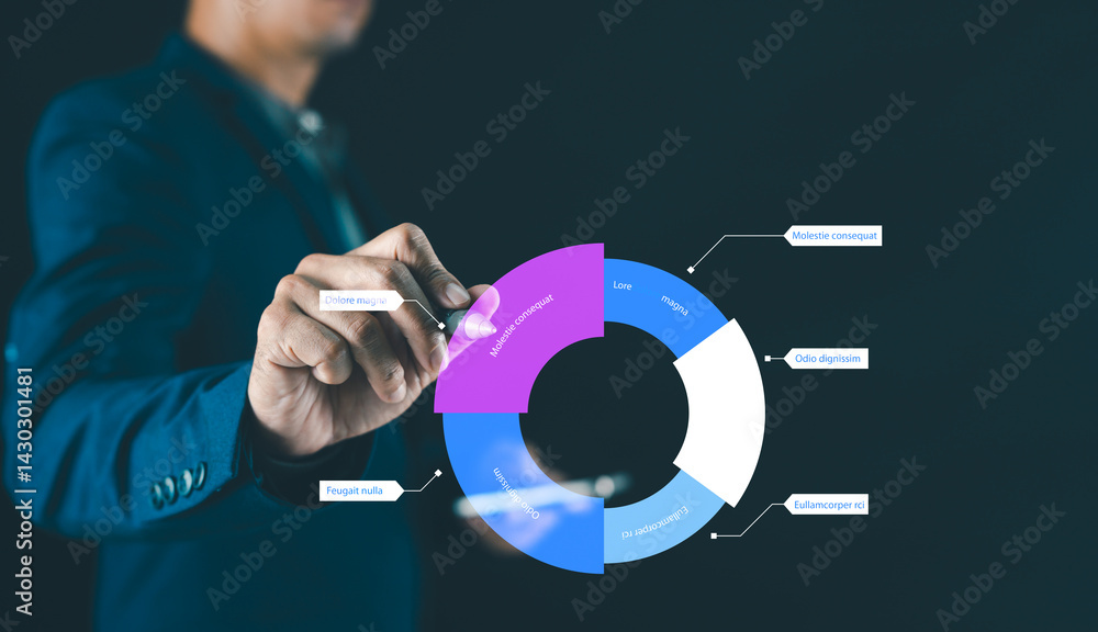 Poster a professional man interacts with a digital circular diagram, illustrating business concepts or data