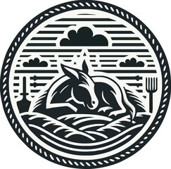 A circular black-and-white illustration depicts a donkey peacefully sleeping on a bed of hay in a stylized farm field, framed by clouds, tools, and a braided border symbolizing rustic calm and agraria