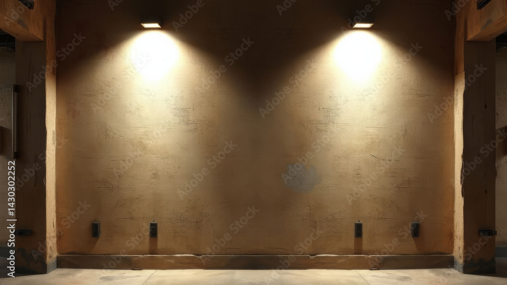 Poster worn grunge wall with two overhead lights creates abstract architectural background, evoking sense o