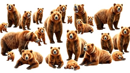 Fototapeta premium Wildlife animals bears banner panorama long - Collection of standing, sitting, screaming, lying group of brown bear (ursus arctos) , isolated on white background