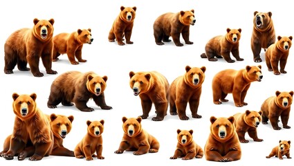 Fototapeta premium Wildlife animals bears banner panorama long - Collection of standing, sitting, screaming, lying group of brown bear (ursus arctos) , isolated on white background