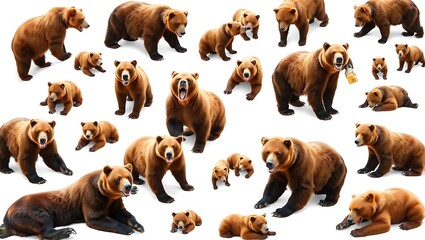 Fototapeta premium Wildlife animals bears banner panorama long - Collection of standing, sitting, screaming, lying group of brown bear (ursus arctos) , isolated on white background