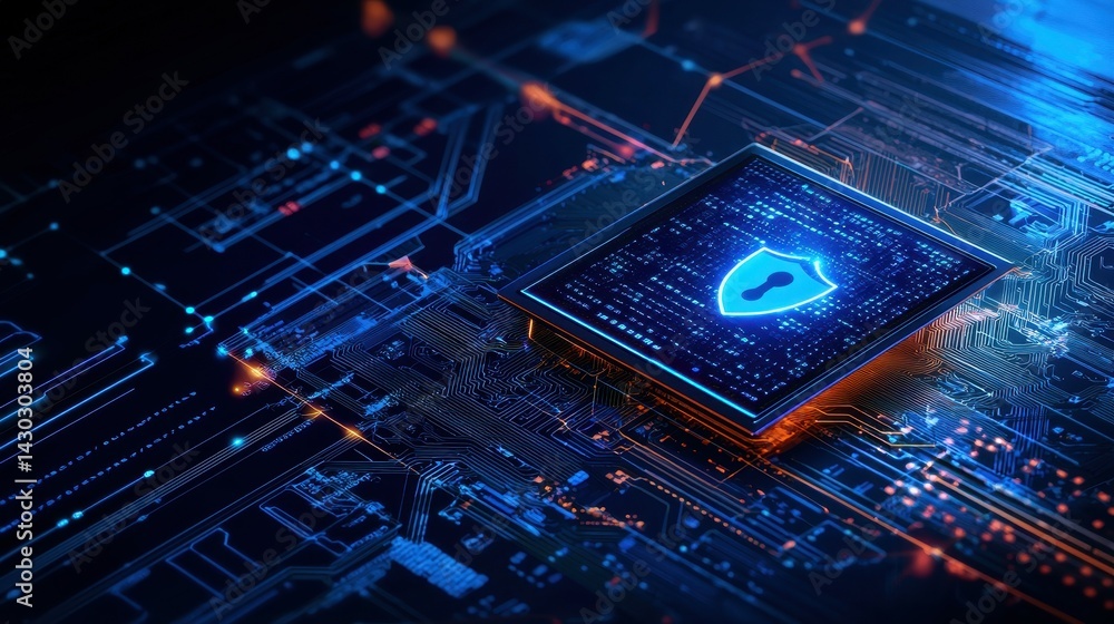 Poster close-up of a computer chip with a digital shield symbol, representing cybersecurity.