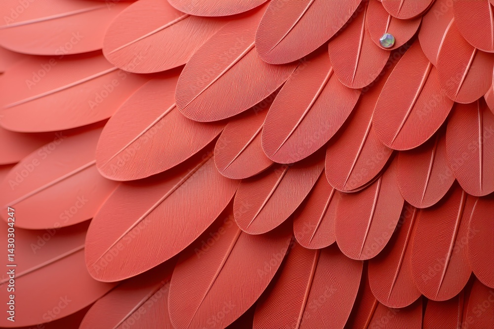 Poster close up view of coral pink textured feathers arranged in overlapping rows, creating a seamless patt