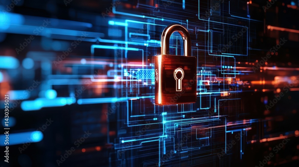 Aufkleber digital padlock in a futuristic network setting representing cybersecurity.
