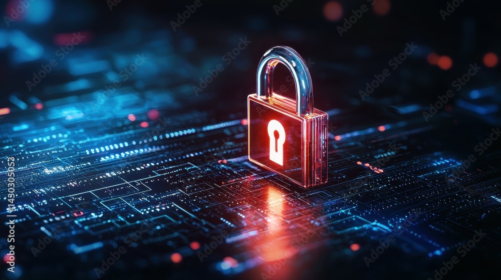 Poster a secure digital lock symbolizing cybersecurity on a vibrant tech background.