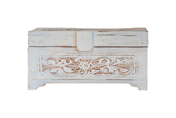 Vintage style decorative carved wooden box. Photo on white background. Isolated object.