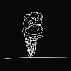 Single Line Drawing of Ice Cream Cone on Black Background