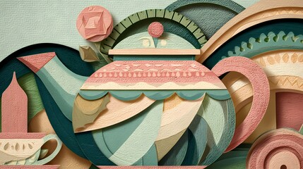 Paper cut illustration of teapot and teacup, afternoon tea concept. Perfect for tea brands, cafe menus, or cozy home decor. in flat design style