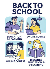 Back to school theme featuring education and learning concepts, including online courses and distance education. illustration captures excitement of learning in various formats