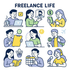 Freelance life showcases various aspects of remote work, including productivity, communication, and organization. illustrations depict individuals engaged tasks like video calls, managing finances