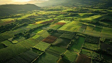 Aerial view of lush green farmland with patchwork fields and rolling hills at sunset.