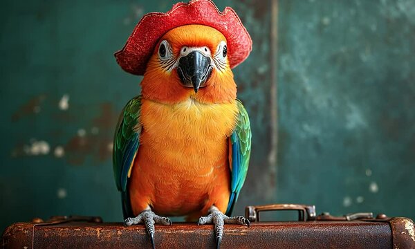 Colorful parrot wearing a red pirate hat perched on a vintage suitcase against a textured backdrop