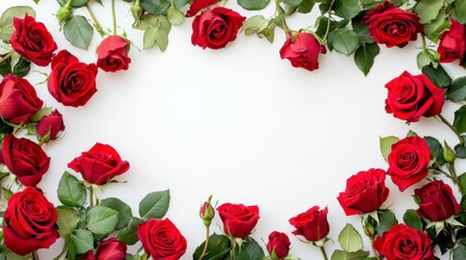 Red roses frame on white background with copy space.