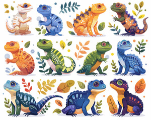 Fototapeta premium Cute cartoon set of animals. Chameleon, iguana, lizard.