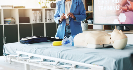 Hands, person and bandage for first aid training for injury safety, demonstration lesson and...