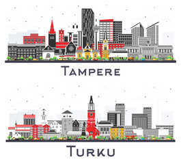 Turku and Tampere Finland city skyline set with color buildings isolated on white. Cityscape with landmarks.