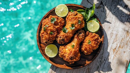 fried chicken with crispy coating served on a wooden plate near the shoreline with sea breeze and bright turquoise water, realistic food styling