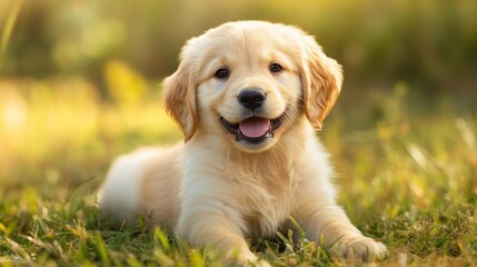 Adorable golden retriever puppy resting on grass
