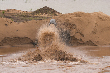 Dirty water is flowing from the pipe. Sand mining