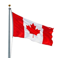 Waving canadian flag on a pole blowing in the wind isolated on white background