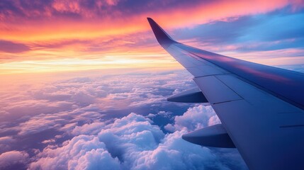 Fototapeta premium Aerial view of airplane wing over colorful sunset clouds