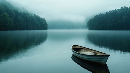 Serene Boat Floating on a Calm Lake Surrounded by Nature for Tranquil Water Photography.