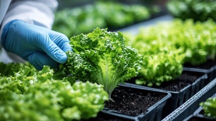 Person in lab coat examines lettuce seedlings in a controlled environment.