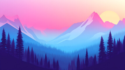 A mountain range with a blue sky and a sun in the background