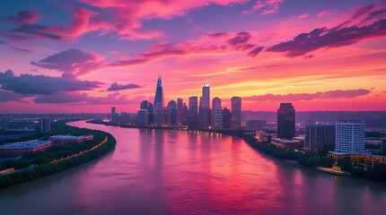 Fototapeta premium A breathtaking view of a city skyline at sunset, with dramatic clouds and vibrant colors reflecting on the river, highlighting the beauty of urban landscapes at twilight.