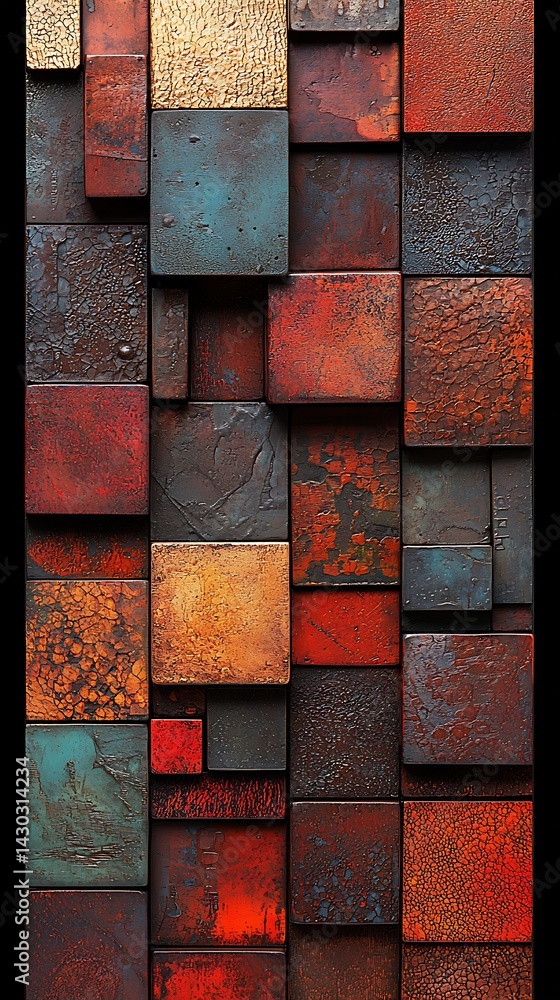 Poster rustic, colorful, geometric abstract pattern of layered square blocks