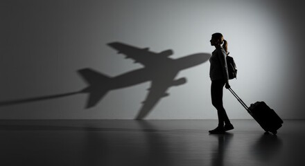 Traveler with suitcase walking, airplane shadow in airport  