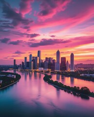 Fototapeta premium A breathtaking view of a city skyline at sunset, with dramatic clouds and vibrant colors reflecting on the river, highlighting the beauty of urban landscapes at twilight.