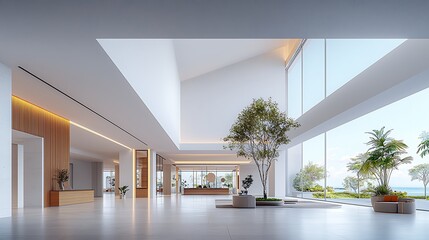 Fototapeta premium Bright, modern lobby. Floor-to-ceiling windows, tree, view, minimalist design
