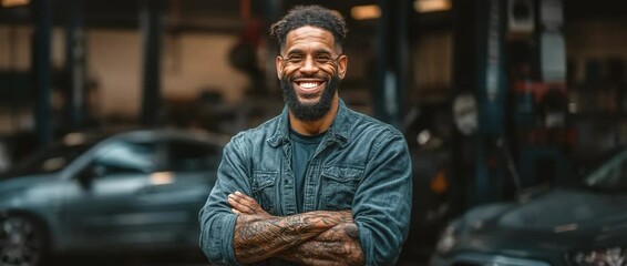 confident African American auto repair shop mechanic. A man stands with his arms crossed. competent expert in auto repair and maintenance