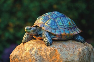 Obraz premium A vibrant iridescent tortoise rests majestically on a sun-drenched rock, showcasing its intricate shell.