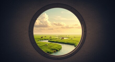Fototapeta premium Scenic landscape view through circular window showcasing greenery 