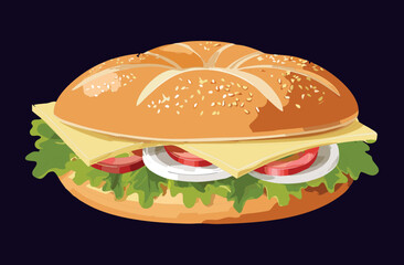 Bagel Sandwich Cheese Tomato and Lettuce - Vector Illustration