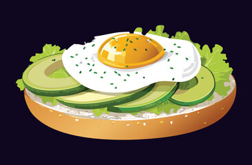 Slice Bagel Bread with Avocado and Poached Egg - Vector Illustration