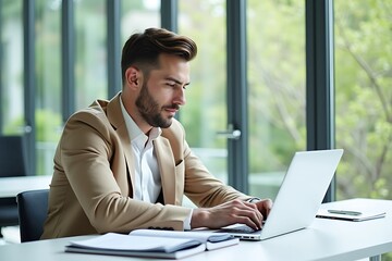 Focused Young Professional Working on Laptop in Modern Glass Office with City Skyline View - Remote Work & Productivity Concept