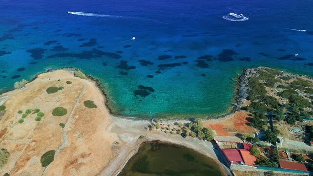 Aerial shot of submerged ancient Olous city ruins near Elounda, Crete, Greece.