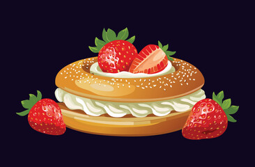 Bread Bagel with Strawberry and Whipped Cream - Vector Illustration