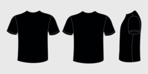 three types of black short-sleeved T-shirt: front, back and side. The T-shirt has a simple design with no accents or details.