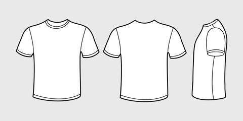 three types of white short-sleeved T-shirt: front, back and side. The T-shirt has a simple design with a round neckline without additional details.